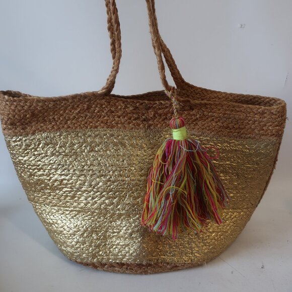 Womens Shiraleah Chicago Pure Jute Natural Gold Tote Shoulder Handbag - Picture 1 of 10